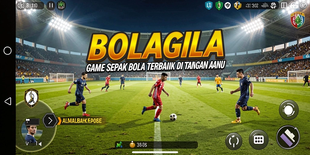 Screenshot BOLAGILA yang menampilkan aksi seru di lapangan sepak bola.