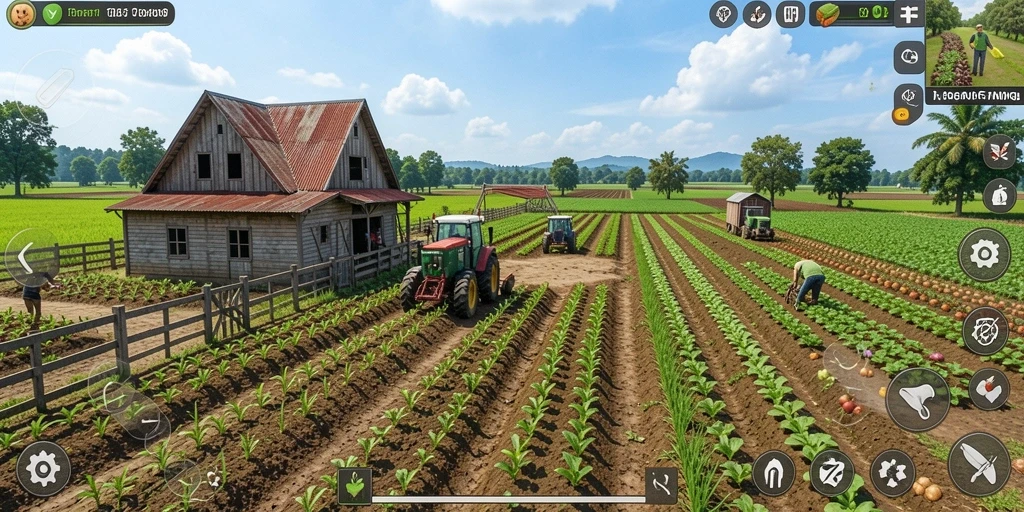 Screenshot gameplay DKK yang menampilkan pertanian yang indah dan interaktif.