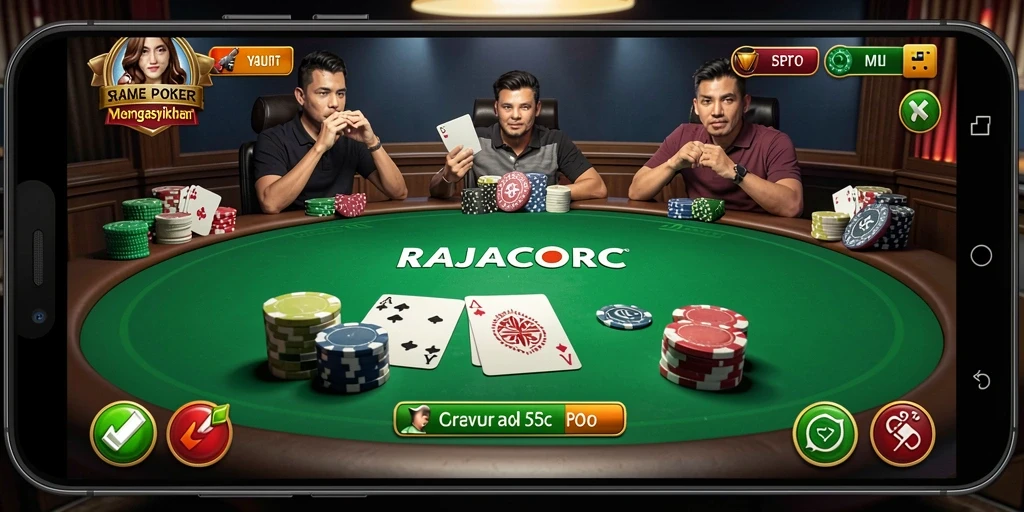 Tampilan menarik dari gameplay poker yang seru di RAJACORC.